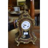 19th Century French buhl work mantel clock having gilt metal mounts with circular enamel dial (at