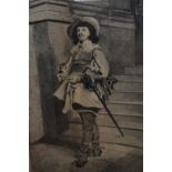 Set of three etchings on white satin, three musketeers by Edwin Moore, after Meissonier, 11ins x 7.