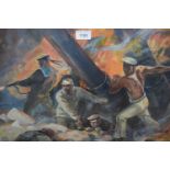 Framed Gouache painting, Second World War battle scene, 15.5ins x 21.5ins