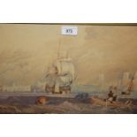 20th Century watercolour, various shipping including a masted gun ship, inscribed to the mount '