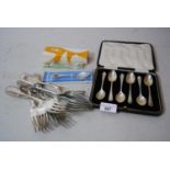 Set of six silver coffee spoons in fitted box and a quantity of various plated flatware