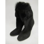 Pair of Via Spiga black suede ladies fur trimmed boots with zip fastening, 4inch heals, size 39.5