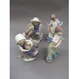 Pair of small Lladro figures of Spanish dancers, together with a pair of similar figures of girls