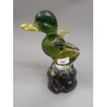 Unusual Murano glass liqueur decanter surmounted by a figure of a duck, 12.25ins high