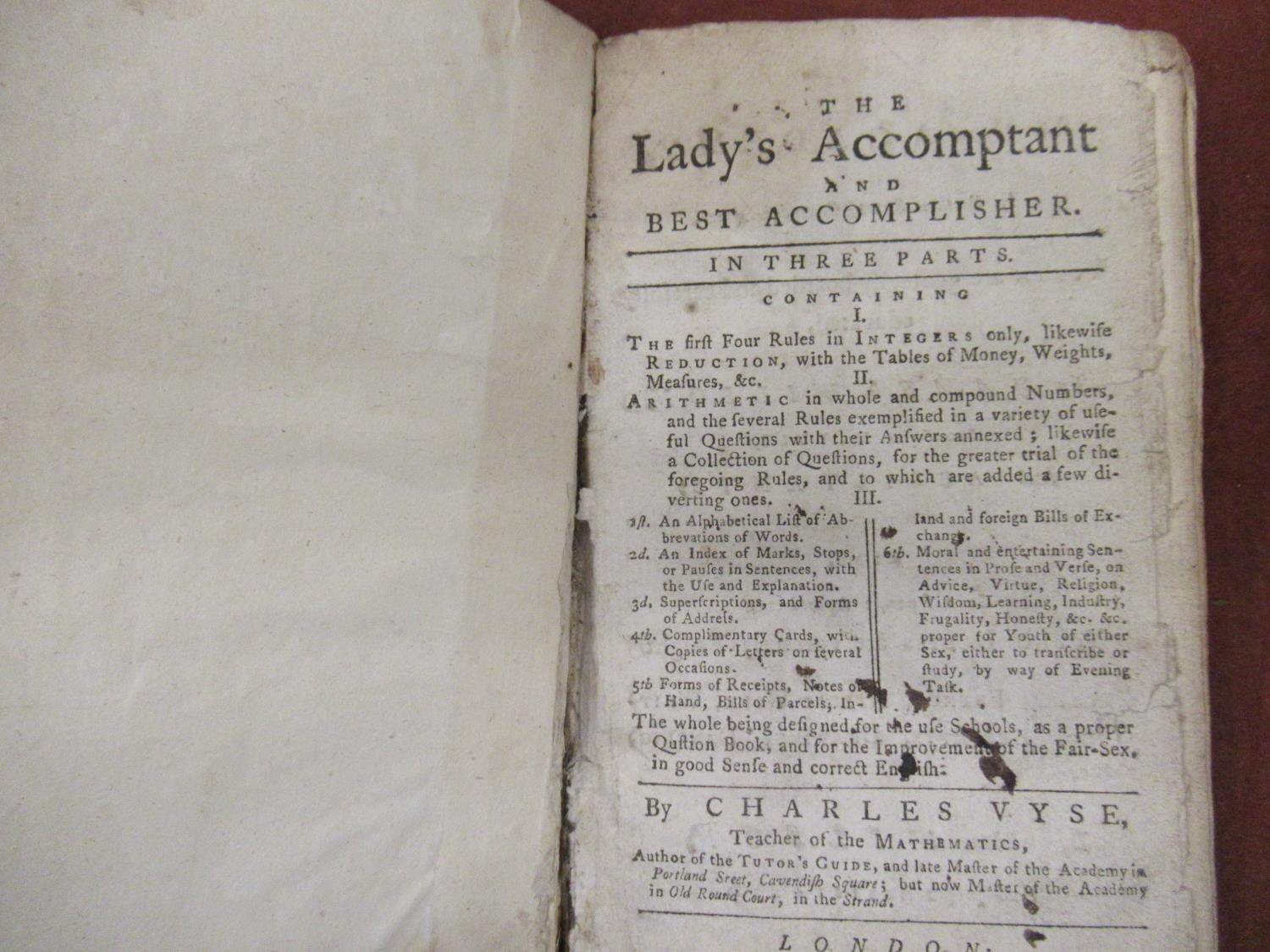 One volume ' The Lady's Accomptant ' by Charles Vyse, London 1771, leather bound, together with - Image 3 of 3