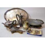 Four piece plated half fluted design tea service together with miscellaneous other items of silver