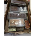 Collection of various Indian sandalwood mosaic inlaid and other boxes
