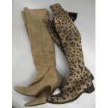 Pair of Russell & Bromley leopard print suede ladies knee high boots, 1in block heels, size 38.5