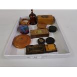 Two small Tunbridge ware boxes, one containing a puzzle, together with a tartan ware box and other