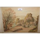 20th Century watercolour, landscape, a lane with cottages, signed Anita Tregarneth, gilt framed,