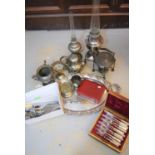 Two handled silver plated tray, spirit burner on stand, mahogany cased set of silver plated