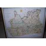 Framed antique hand coloured map of Surrey by Cary, together with a small framed antique map of