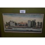 19th Century coloured engraving, Lambeth House, Londiniun, 5.5ins x 11ins and a Hogarth framed