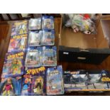 Box containing a quantity of various 1990's Marvel comic figures and Star Wars figures from 2002 and