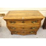 Antique Continental fruitwood bombe shaped commode chest, the moulded top above three long drawers