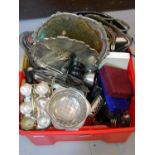 Box containing a quantity of various silver plate including salver, entree dish, egg cup stand,
