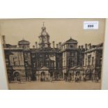 Henry Rushbury, signed etching, figures and horse guards at Whitehall, 8.5ins x 10.75ins, framed