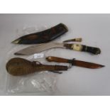 Bone and horn handled kukri with leather scabbard (lacking one blade), small wooden handled knife