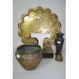 Shaped brass engraved tray decorated with Asian figures, gilded oriental jardiniere decorated with