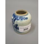 Small Chinese porcelain brush pot, blue and white decorated with figures and a deer in a