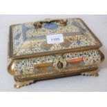 Continental champleve white and blue enamelled gilt metal casket, the shaped cover with handle and