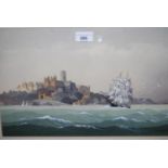 Watercolour, pen and ink, a three masted square rigger off a coastline, a church and castle in the