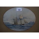 Oval mounted watercolour of a topsail schooner at sea, 8ins x 10ins, gilt framed