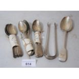 Five London silver Fiddle pattern teaspoons, six late George III silver Old English pattern