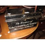 Small black Japanned metal deed box inscribed 'The Trustees Of The Rev. J. Harding & Mrs Hardings