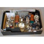Box containing a quantity of various silver plated items including two pairs of candlesticks, plated