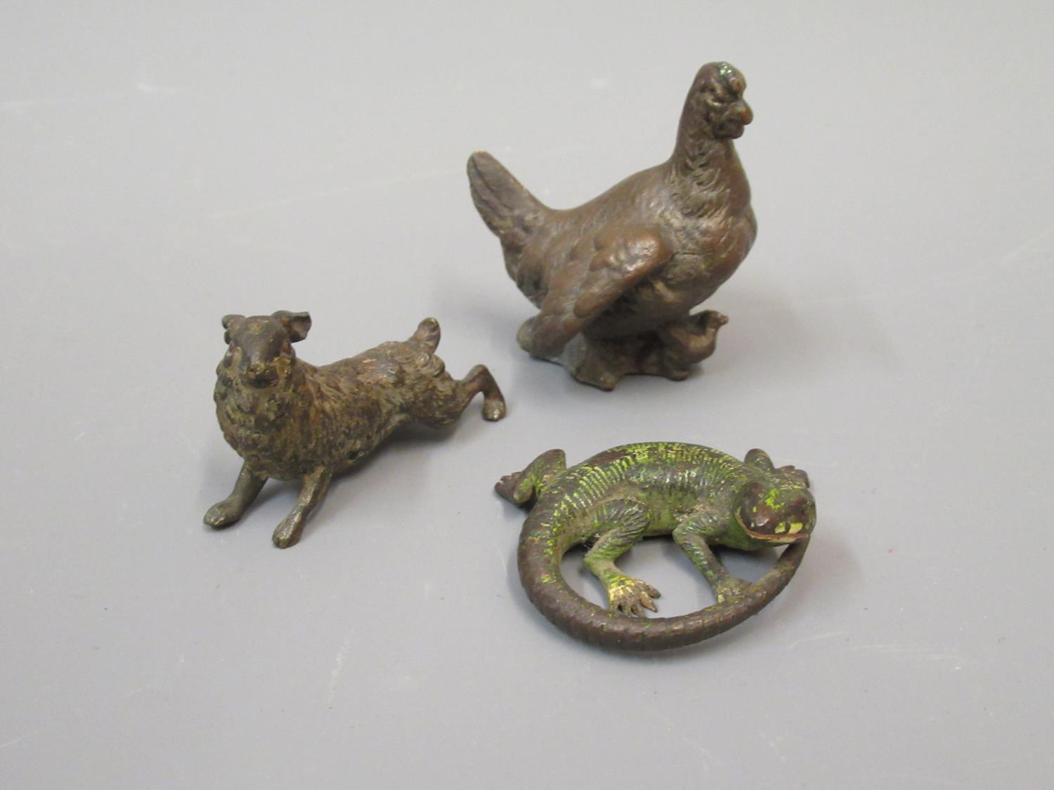 Small Austrian cold painted bronze figure of a lizard, 1.5ins wide, similar figure of a hare and