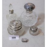 Silver mounted hobnail cut glass perfume bottle with hinged lid and interior stopper, two silver