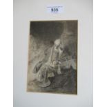 After Rembrandt, an unframed etching study of a figure in an interior, signed within the plate, 6ins