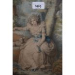 19th Century French coloured print, young lady holding a book beneath a tree in a white dress, by R.