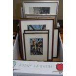 Group of four coloured woodblock prints, Continental town scenes, all signed and inscribed on the