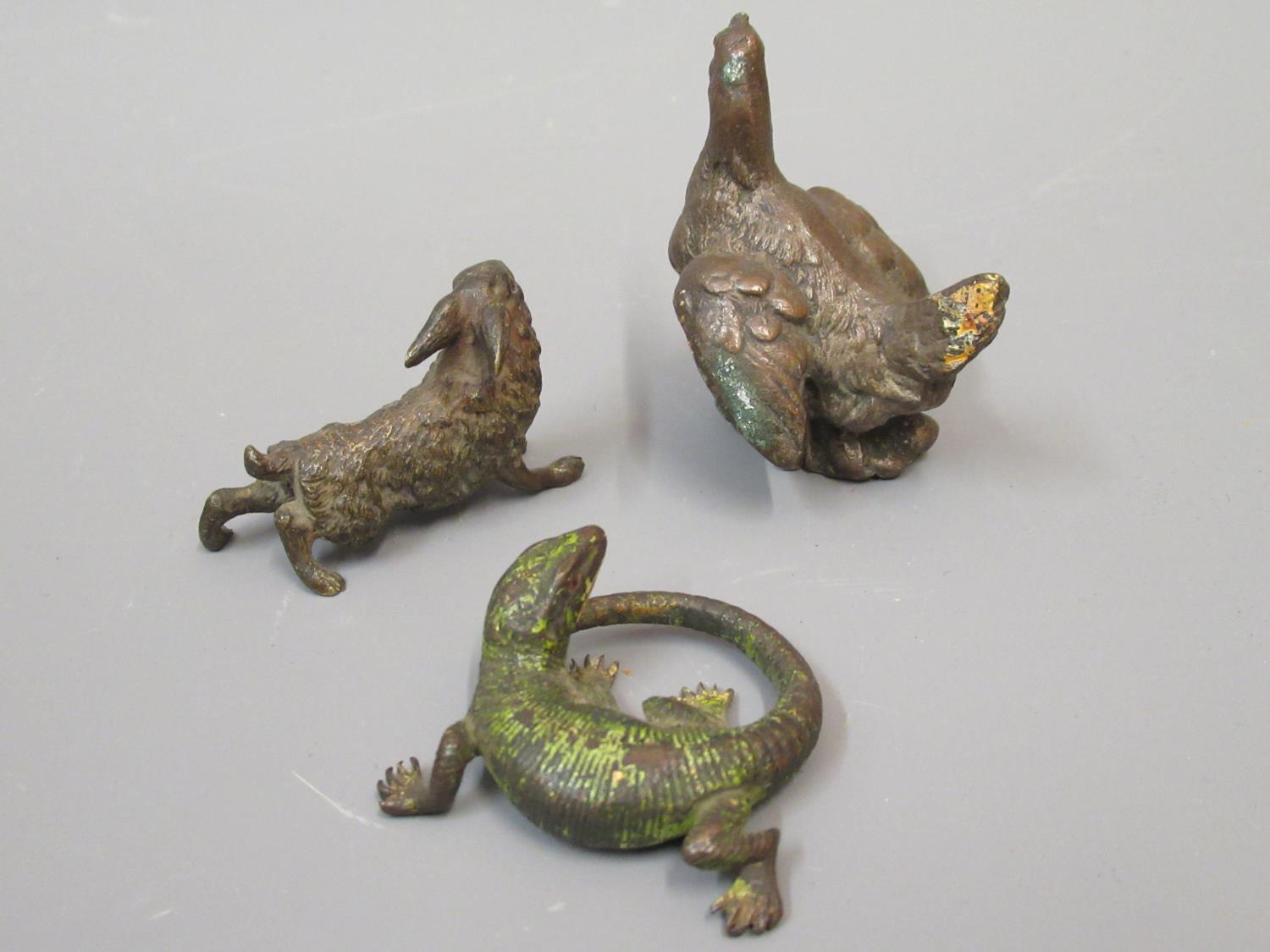 Small Austrian cold painted bronze figure of a lizard, 1.5ins wide, similar figure of a hare and - Image 2 of 2