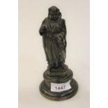 Small brown patinated bronze figure of a monk taking wine inscribed Hochheimer, mounted on a