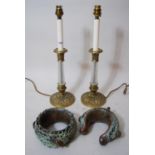 Pair of reproduction brass and glass table lamps in the form of candlesticks, together with a pair