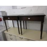 Pair of good quality reproduction mahogany lamp tables with turned supports, together with a