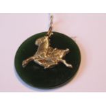 Circular jade pendant set with a gold horse, 8.5g, 32mm diameter
