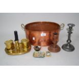 19th Century brass inkstand together with an oval copper cooking pan with brass handles, a pewter