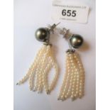 Pair of large black cultured pearl stud earrings with detachable cultured pearl drops, the clips