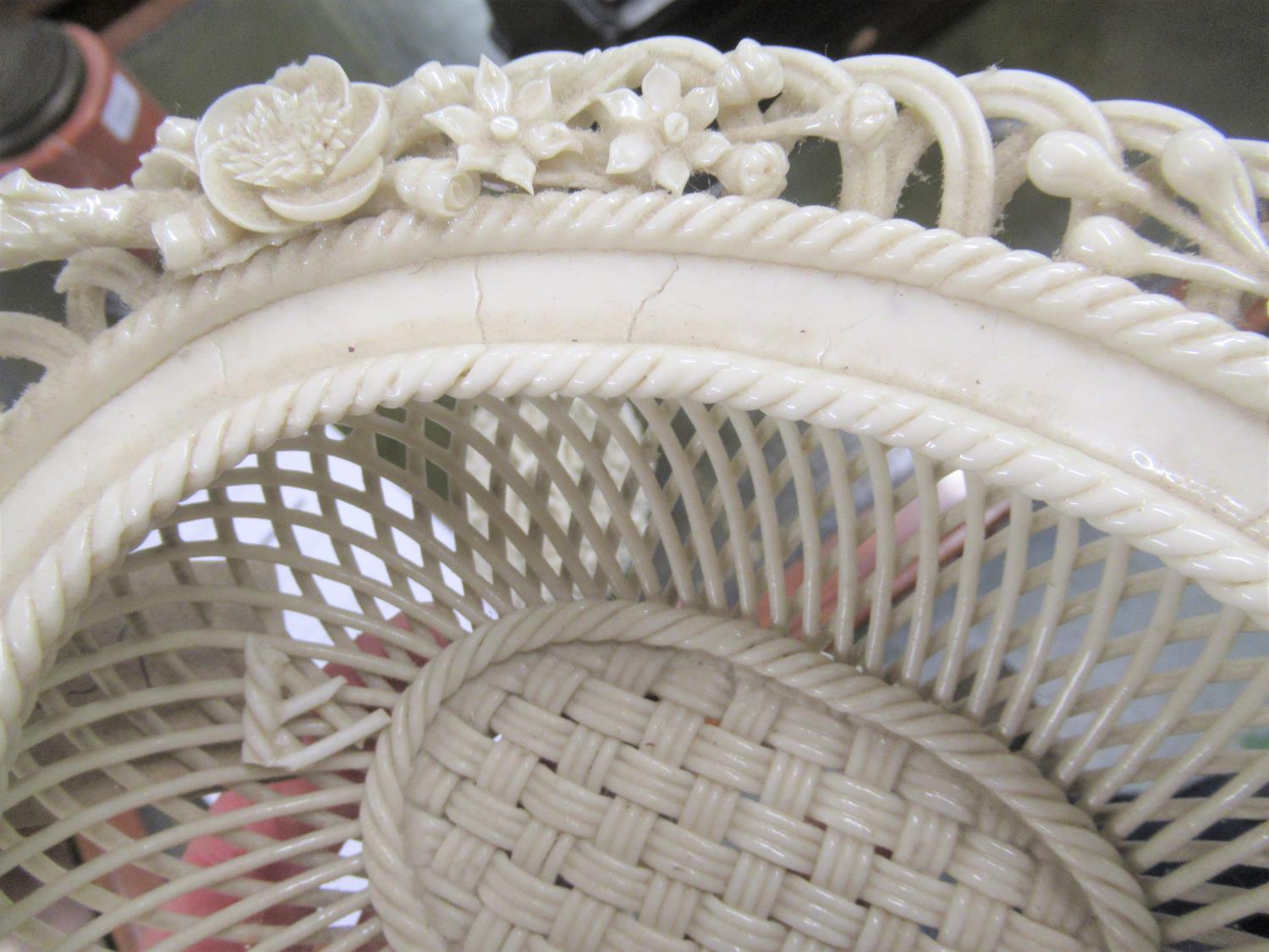 19th Century Belleek floral encrusted lattice work basket with cover (some damages), 8.5ins x 6.5ins - Image 9 of 12