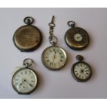 Silver cased half hunter pocket watch (at fault) together with three other various silver pocket
