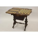 Victorian figured walnut games / work table, the shaped fold-over swivel top enclosing chess,