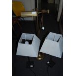 Good quality reproduction brass reading lamp standard with rectangular shade, together with a pair