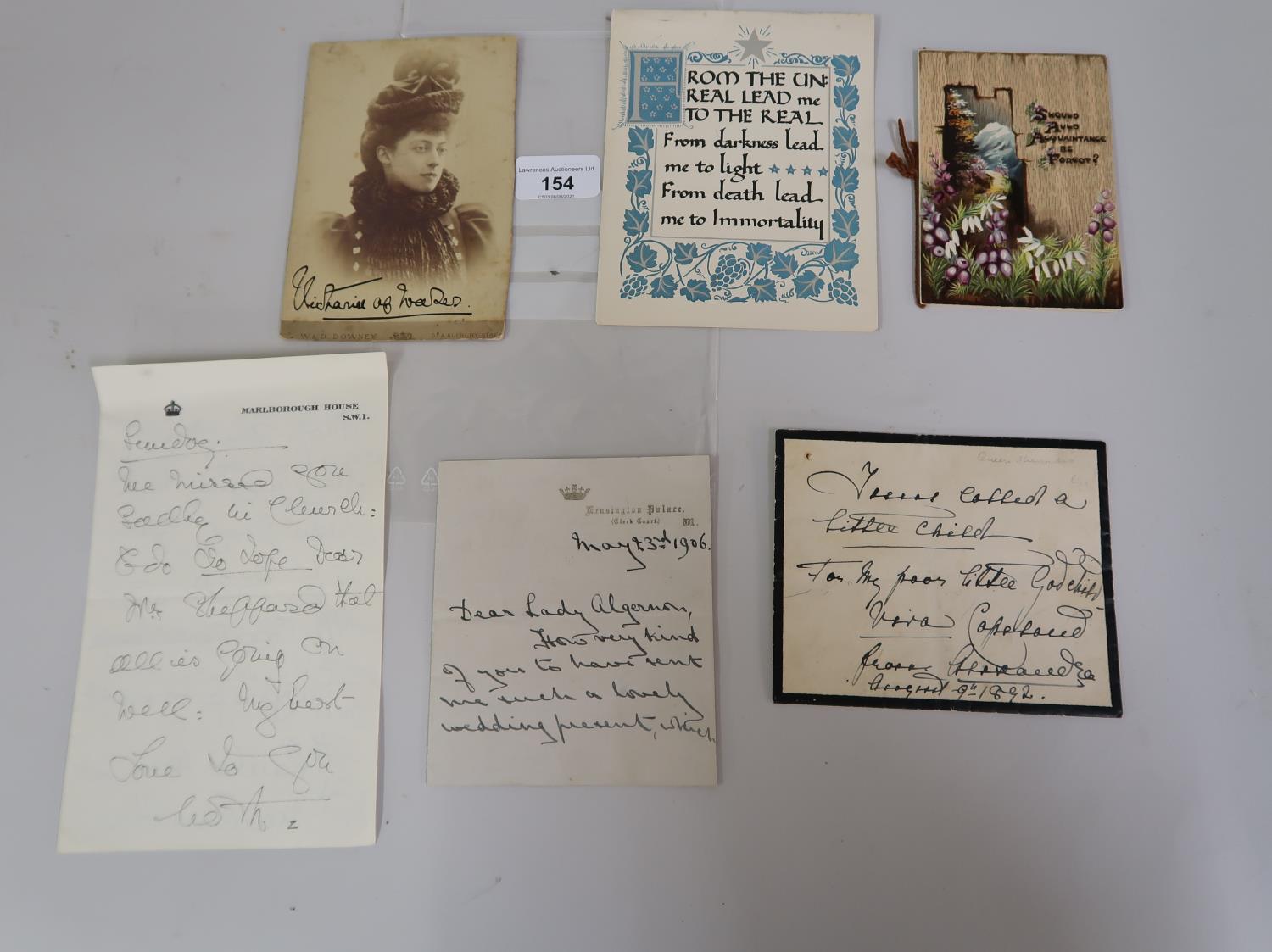 Group of six items of Royalty ephemera comprising a cabinet photograph, signed Victoria of Wales (