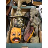 Pair of 20th Century Japanese carved and painted wooden masks, similar oriental lacquer mask, an