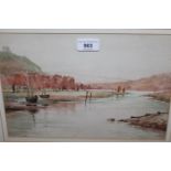 M.E. Speed, watercolour, river scene with moored boats and distant town, signed, dated 1920, gilt