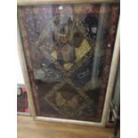 Large Indian beadwork, needlework and silver gilt thread panel, housed in a silvered gilt frame,